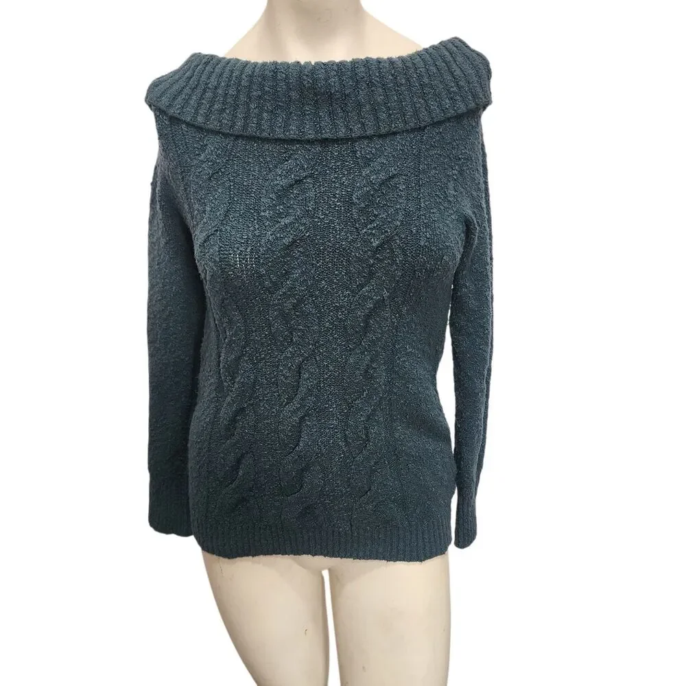 Free People Cable Knit Sweater L Off Shoulder Chunky Slouchy Boho Cozy - Picture 1 of 5